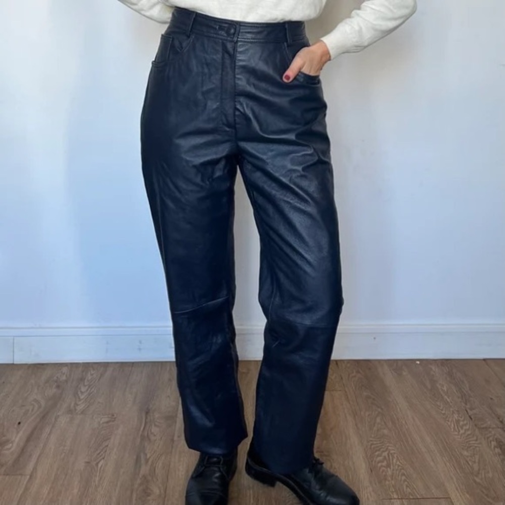 Vintage Woman High Waist Blue leather Biker authentic pants